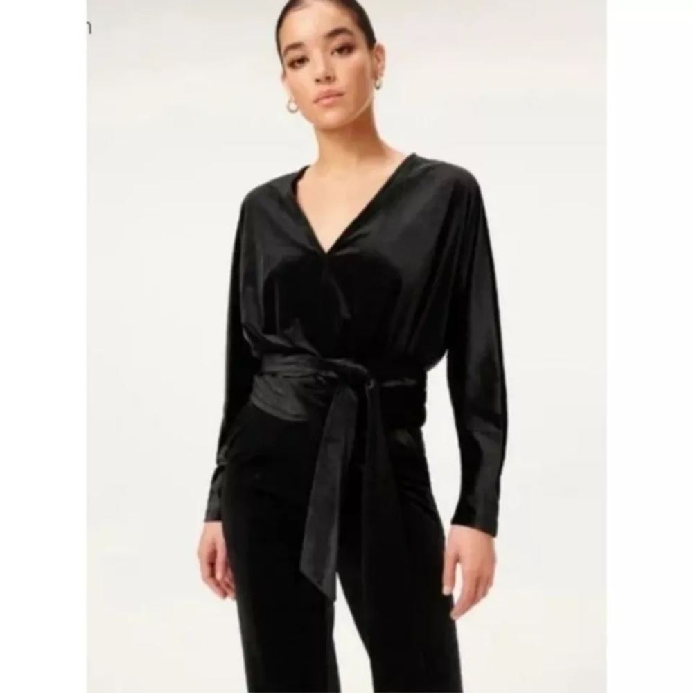 NWT 2X Good American Black Velvet Deep V Neck Long Sleeve Belted Blouse top 5